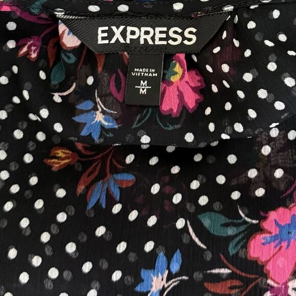 Express Dress Womens M Black Multicolor Floral Polka Dot Slit Tie Sleeve Casual - Picture 5 of 8